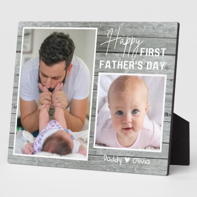 First Father's Day New Dad 2 Photo Grey Wood   Plaque (Side)