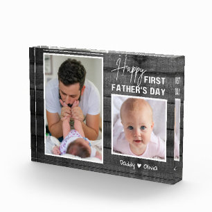 First Father's Day New Dad Black Wood  2 Photo   Block