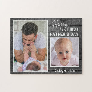 First Father's Day New Dad Black Wood 2 Photo Jigsaw Puzzle