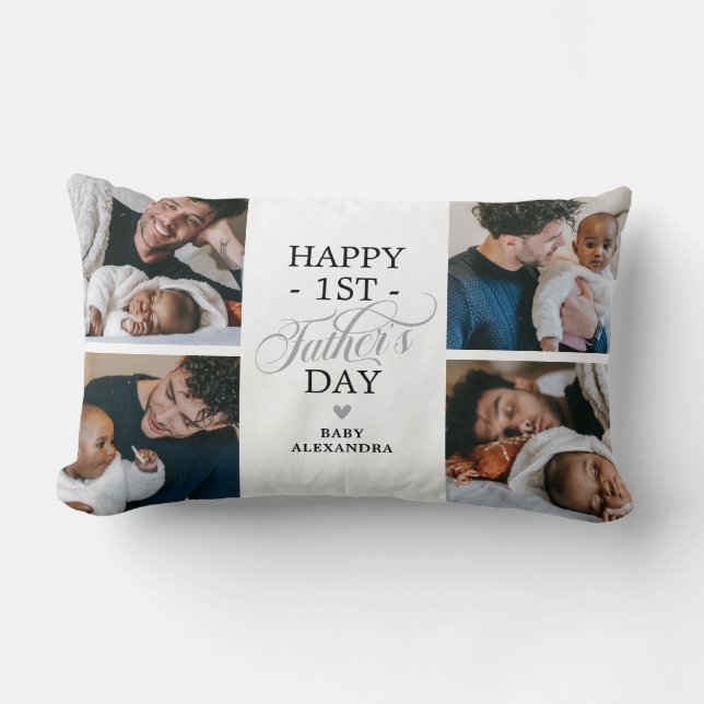 First Fathers Day Photo Collage Keepsake Lumbar Cushion (Front)