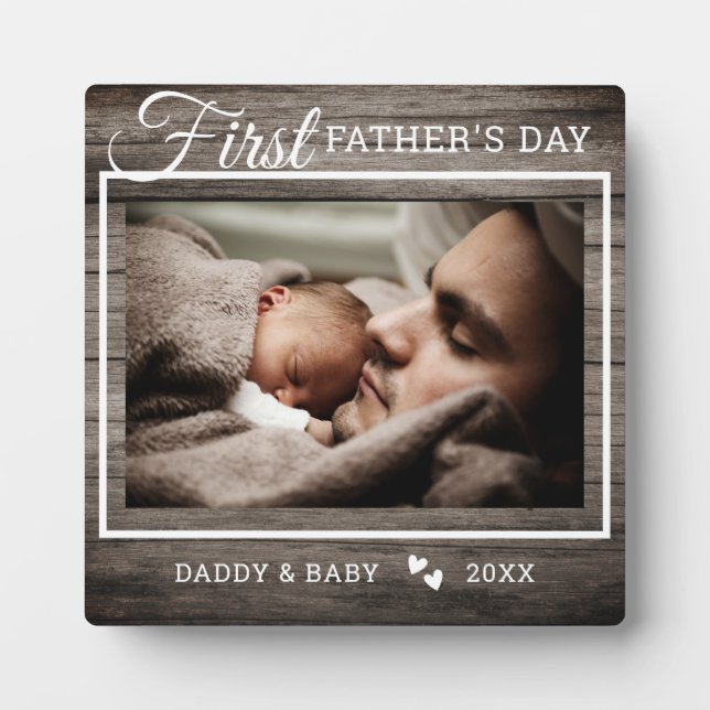 First Father's Day Photo Rustic Dark Wood Plaque (Front)