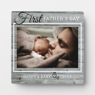 First Father's Day Photo Rustic Gray Wood Plaque