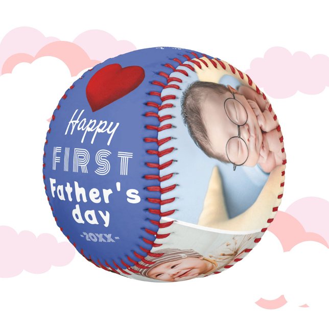 First Father's Day Red Heart 4 Photo Collage Baseball (Creator Uploaded)