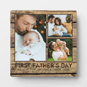 FIRST FATHERS DAY Rustic Wood 3 Photo Collage Plaque