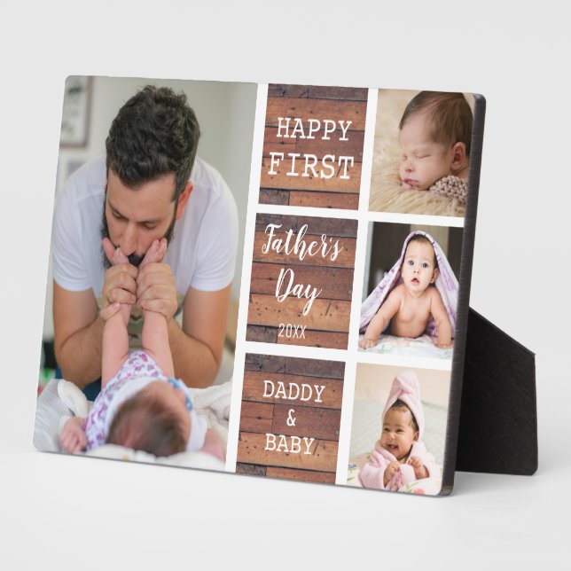 First Father's Day Rustic Wood 4 Photo Collage  Plaque (Side)