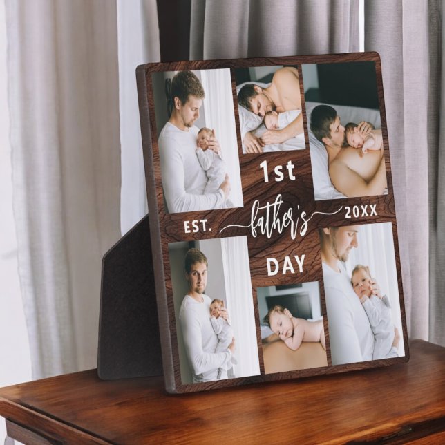 First Father's Day Rustic Wood 6 Photo Collage Plaque (Creator Uploaded)