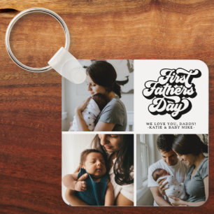 First Fathers Day Simple Groovy Retro Three Photo Key Ring