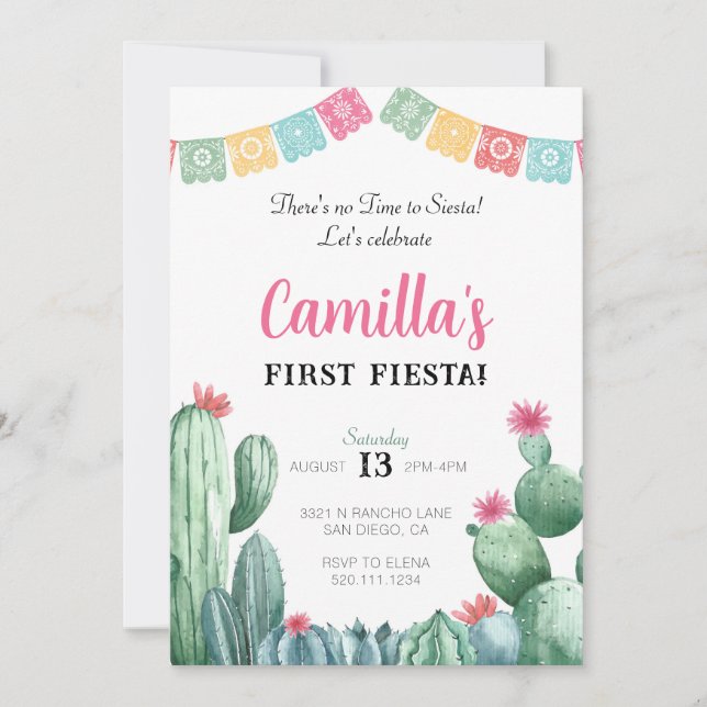 First Fiesta Birthday Party Cactus Invitation (Front)