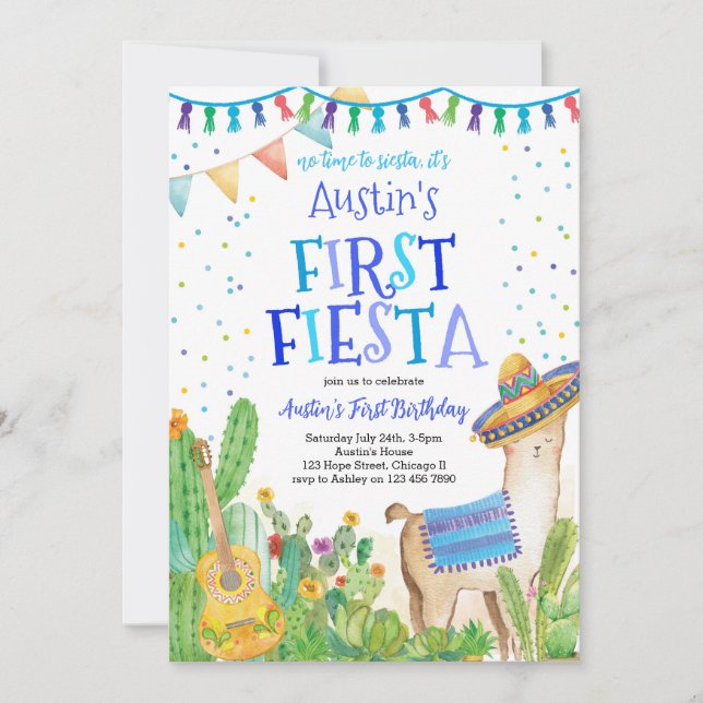 First Fiesta Blue Mexican Boy Birthday Invitation (Front)
