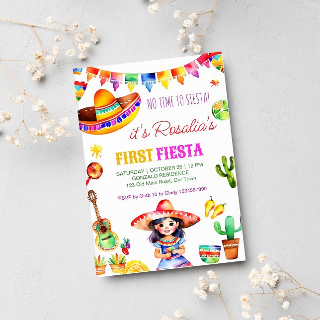 First fiesta colourful cute Spanish girl birthday Invitation (First fiesta Mexican themed birthday party template invitation instant download cute Spanish girl)