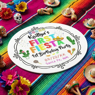 First Fiesta Colourful Mexican 1st Birthday Party Round Paper Coaster