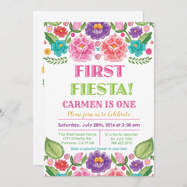 First Fiesta Floral Birthday Invitation (Front/Back)