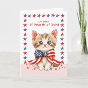 First Fourth of July Cute Cat With Bow and Stars Card