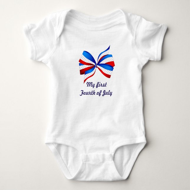 First Fourth of July, with Red White and Blue bow Baby Bodysuit (Front)