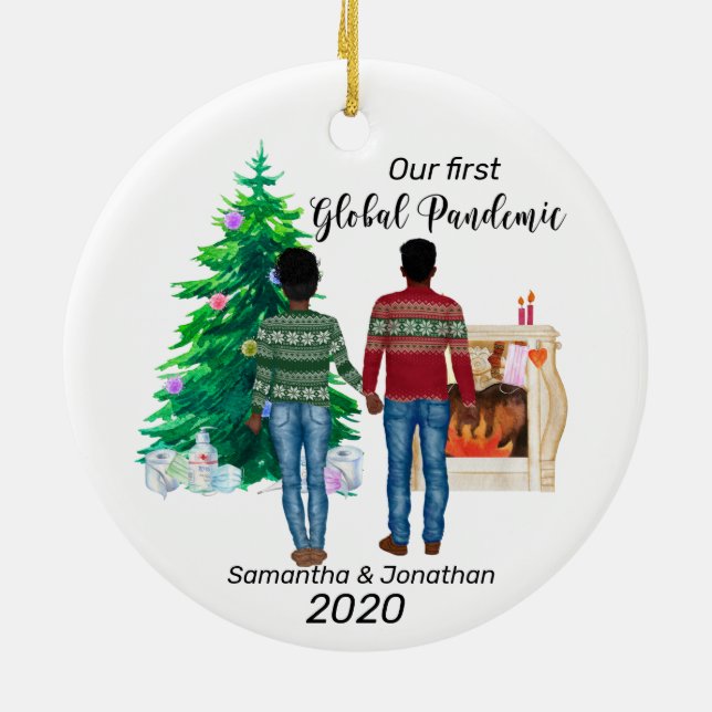 First Global Pandemic 2020  Couple African America Ceramic Tree Decoration (Back)