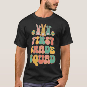 First Grad Squad Teacher Retro Groovy Easter Bunn T-Shirt