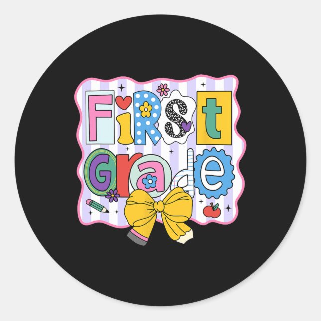 First Grade Back To School Cute Letters  Classic Round Sticker (Front)