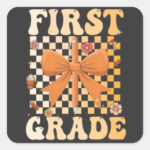 First Grade Back To School Fall Bow Coquette   Square Sticker