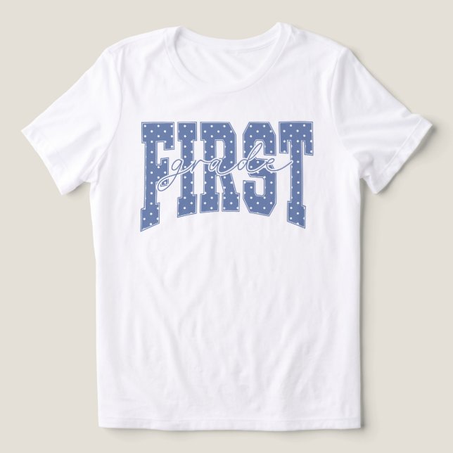 First Grade Blue Polka Dot Retro Tri-Blend Shirt (Design Front)