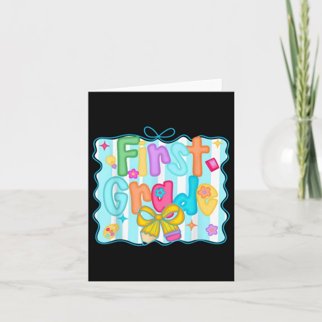 First Grade Coquette Bow Back To School First Day  Card (Front)