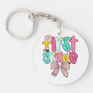 First Grade Coquette Bow Back To School First Day  Key Ring