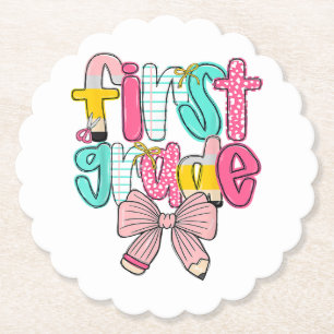 First Grade Coquette Bow Back To School First Day Paper Coaster