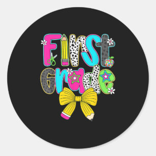 First Grade Coquette Bow First Day Of School Back  Classic Round Sticker
