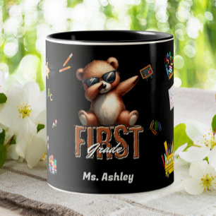 First Grade Elementary Teacher Dabbing Bear Two-Tone Coffee Mug