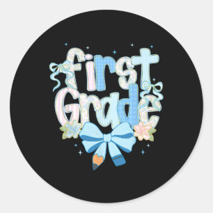 First Grade Girls Back To School Blue Coquette Bow Classic Round Sticker