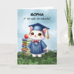 First Grade Graduation Girl Cat Congratulations Card
