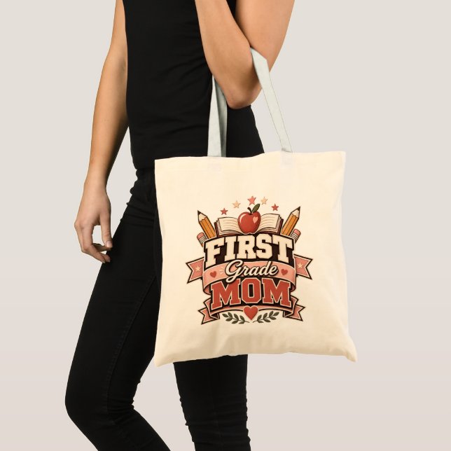 First Grade Mum Retro School  Design Tote Bag (Front (Product))