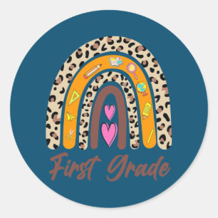 First Grade Rainbow Leopard Girls Teacher Team Classic Round Sticker