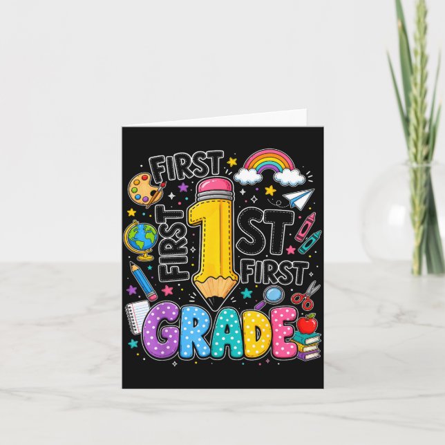 First grade rainbow pencil back to school  card (Front)