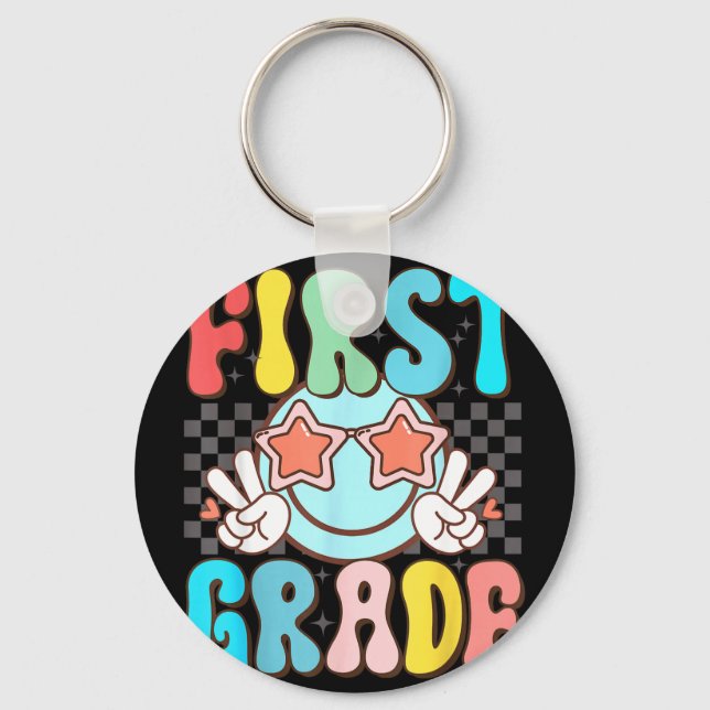 First grade retro groovy smile face 1st grade key ring (Front)