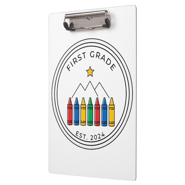 First Grade Shirt | Crayon Forest Mountain Design Clipboard (Left)