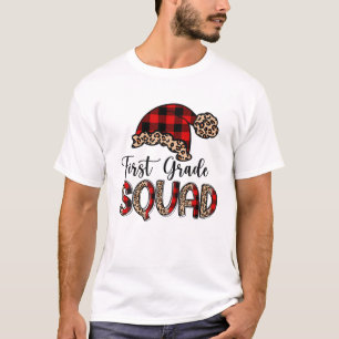 First Grade Squad Cute Leopard Santa Hat Teacher X T-Shirt