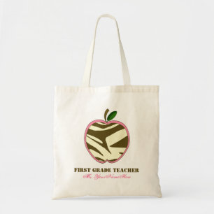 First Grade Teacher Bag - Brown Zebra Print Apple