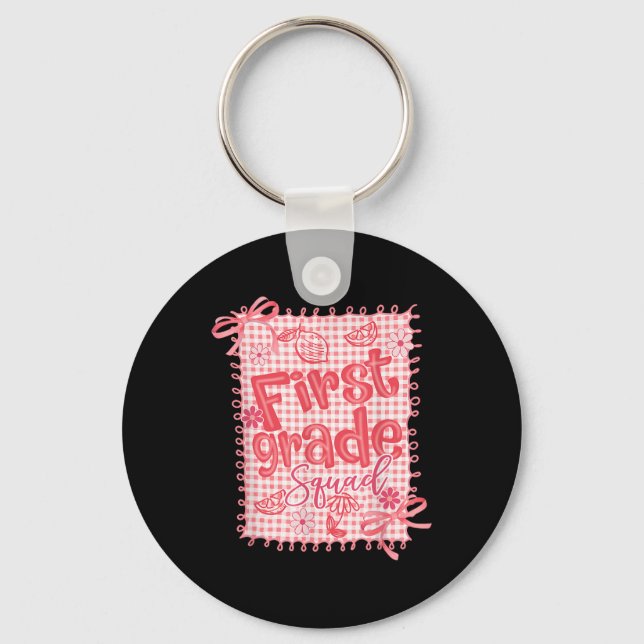 First Grade Teacher Coquette Bow Lemon First Day O Key Ring (Front)