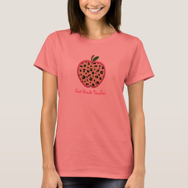 First Grade Teacher Leopard Print Apple T-Shirt (Front)