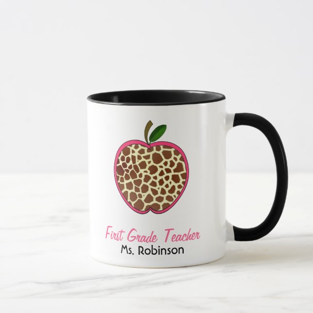 First Grade Teacher Mug - Giraffe Print Apple (Right)