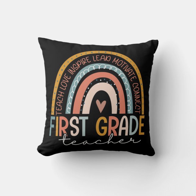 First Grade Teacher Teach Love Inspire Boho Rainbo Cushion (Front)