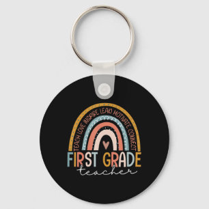 First Grade Teacher Teach Love Inspire Boho Rainbo Key Ring