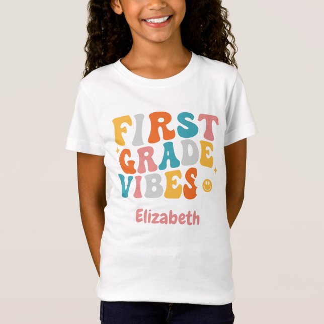 "First Grade Vibes" Groovy Back to School  T-Shirt (Front)