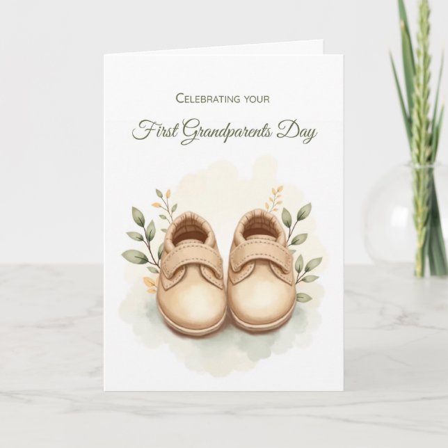 First Grandparents Day Boy Watercolor Baby Shoes Card (Front)