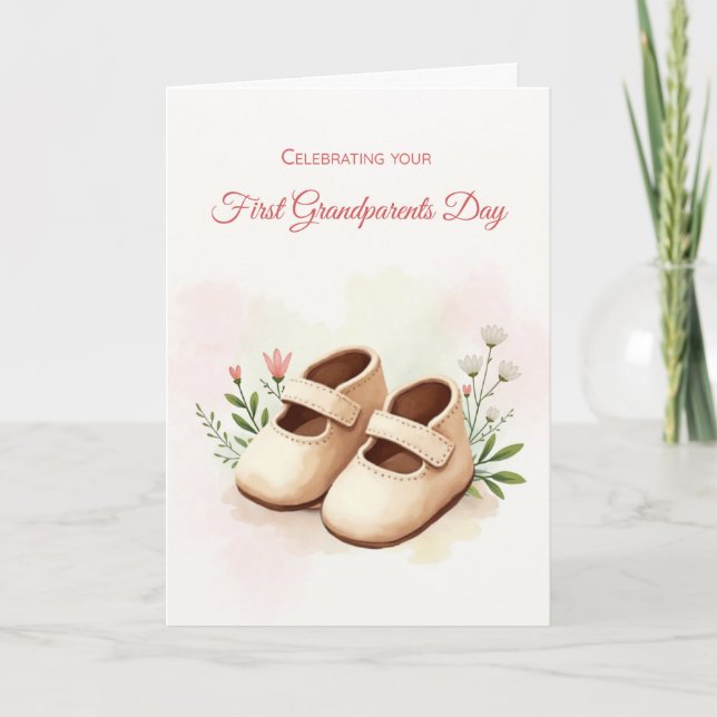 First Grandparents Day Girl Watercolor Baby Shoes Card (Front)