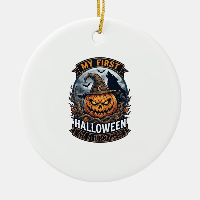First Halloween As Brother Pumpkin Wolf Moon_1 Ceramic Tree Decoration (Front)