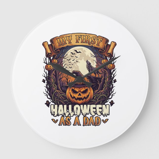 First Halloween As Dad Pumpkin Wolf Moon_1 Large Clock (Front)