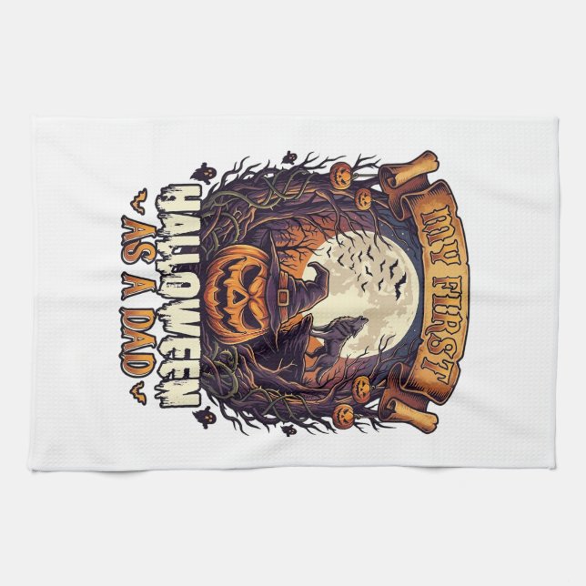 First Halloween As Dad Pumpkin Wolf Moon_1 Tea Towel (Horizontal)
