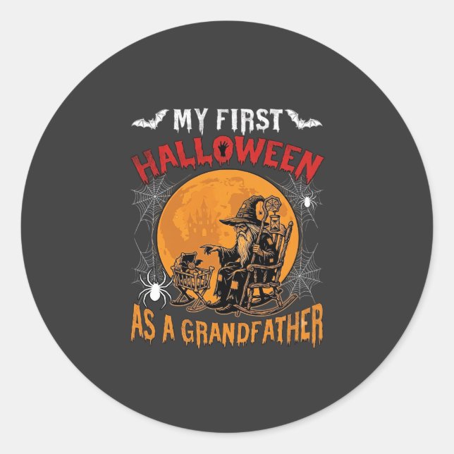 First Halloween As Grandfather Wizard Bat Moon_1 Classic Round Sticker (Front)