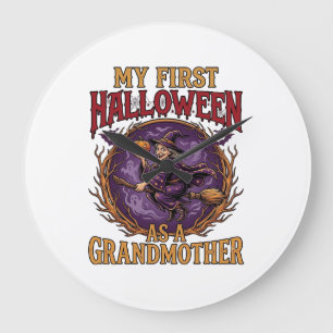First Halloween As Grandmother Witch Pumpkin Bats_ Large Clock